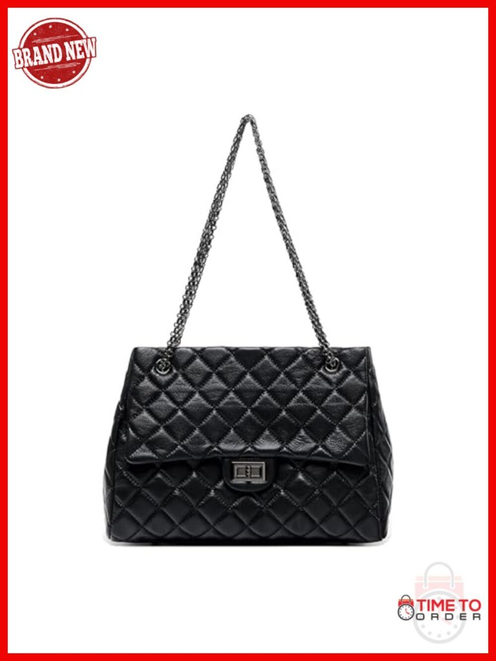 Quilted Genuine Leather Shoulder Bag - Large Capacity Tote with Black Chain &